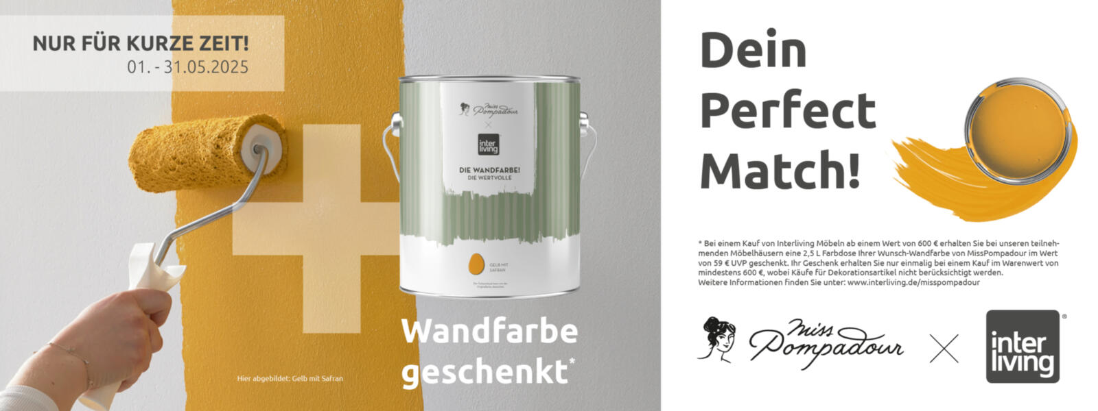 linke Seite: Wand wird mit gelber Farbe gestrichen, rechte Seite gelber Farbeimer "Dein perfect Match"