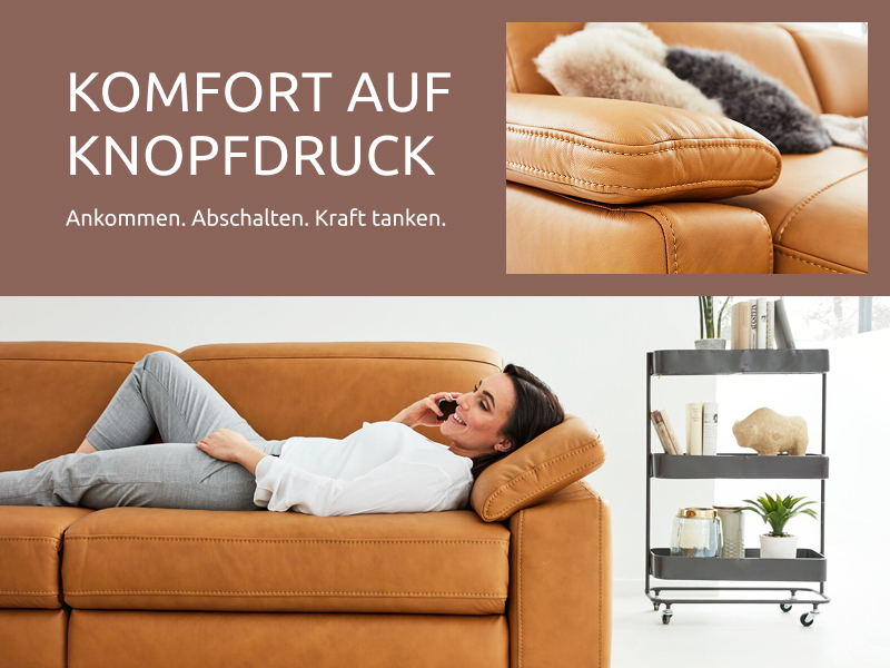 Polsterspezialist, Sofa in einem dunklen Orangenton mit einer Frau
